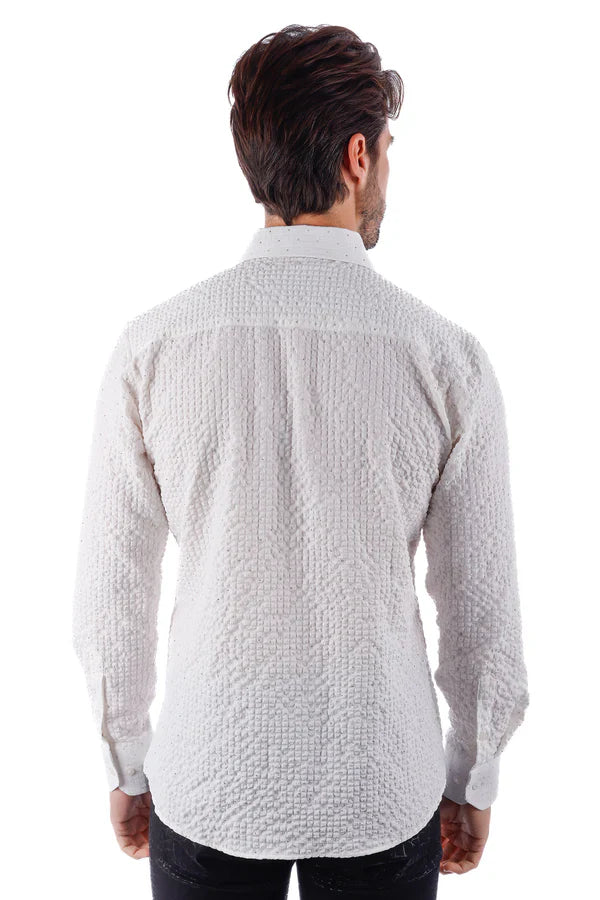 White textured long-sleeve button-up jurox shirt with subtle woven pattern perfect for formal or casual wear