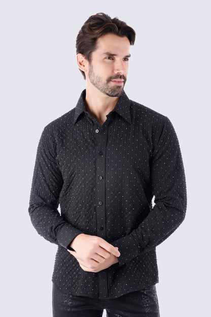 Jurox long-sleeved black button-up shirt with subtle white polka dots perfect for casual or office wear