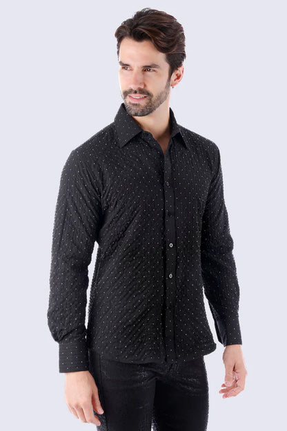 Jurox long-sleeved black button-up shirt with subtle tiny white dot pattern ideal for casual and formal wear