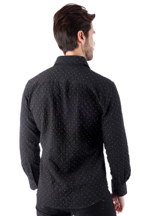 Jurox long-sleeved black button-up shirt with subtle textured weave and small white polka dots