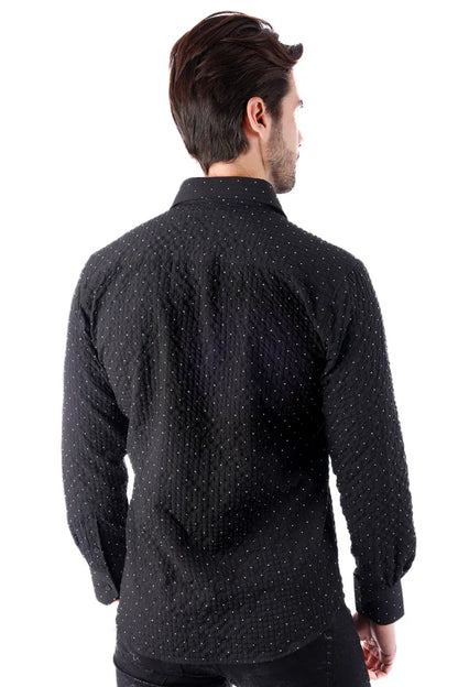 Jurox long-sleeved black button-up shirt with subtle textured weave and small white polka dots