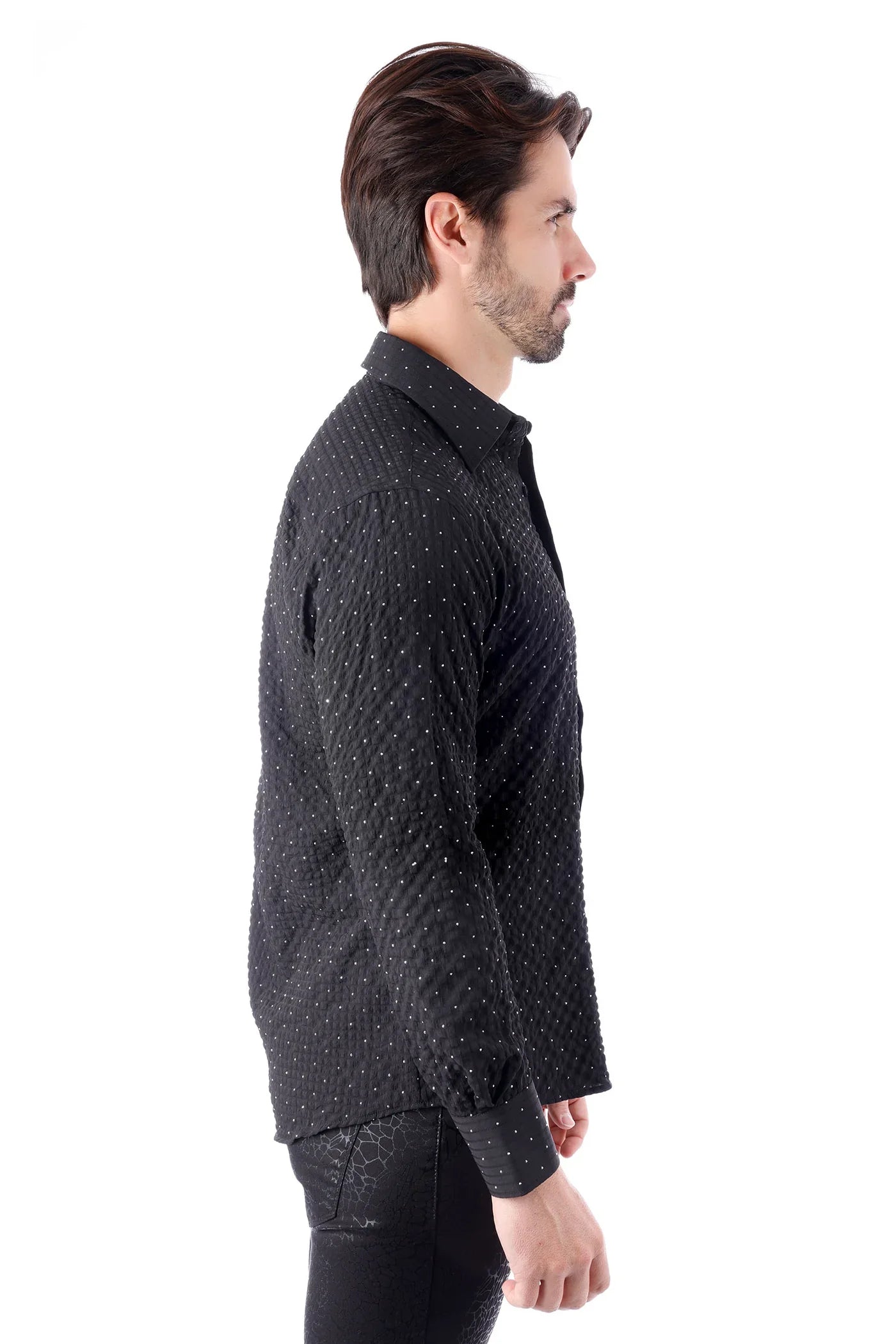 Jurox l S shirt black button-up with subtle white polka dots and a textured quilted pattern for stylish wear