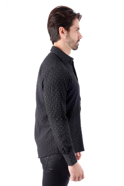 Jurox l S shirt black button-up with subtle white polka dots and a textured quilted pattern for stylish wear