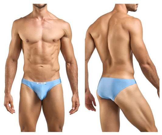 Light blue justin simon xsj01 classic bikini briefs with subtle brand tag on the waistband in baby blue color