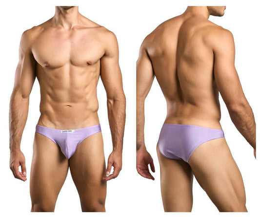 Lavender-colored smooth-textured men’s briefs with a subtle brand tag at the waistband justin simon xsj01 classic bikini