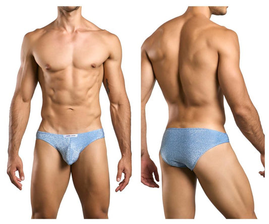 Light blue sparkly lurex fabric briefs with subtle logo on waistband from JUSTIN SIMON classic bikini XSJ01