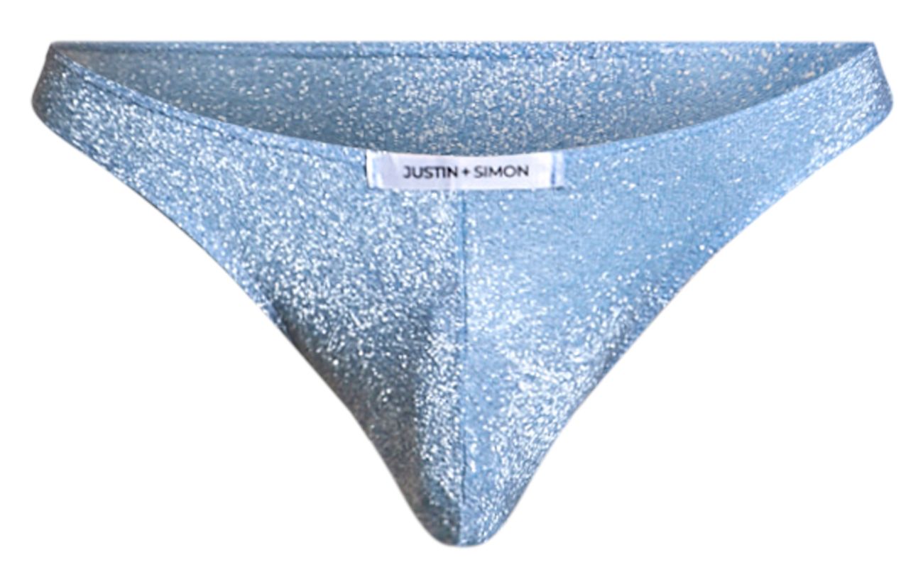 Light blue glittery lurex thong by justin and simon classic bikini xsj01 showing front side details