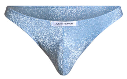 Light blue glittery lurex thong by justin and simon classic bikini xsj01 showing front side details