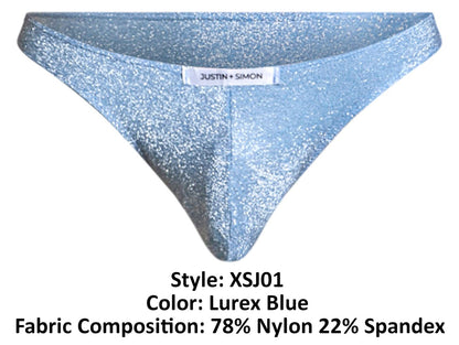 A shimmering lurex blue thong from justin simon made of 78 nylon 22 spandex in classic bikini style