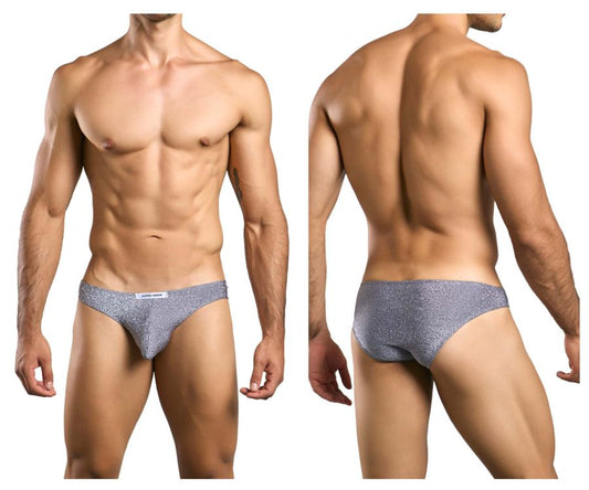 Gray sparkly briefs with a subtle textured pattern from justin simon classic bikini color lurex gray collection