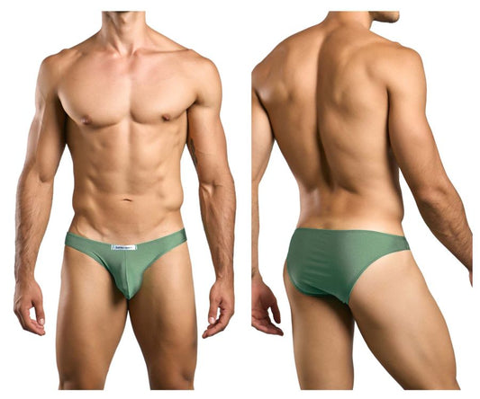 Green athletic briefs with subtle textured fabric and a small white logo on the waistband from justin simon