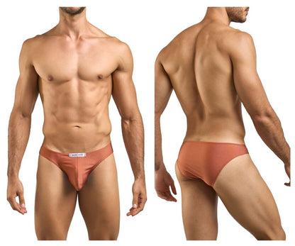 A sleek rust-colored justin plus simon xsj01 classic bikini brief with smooth form-fitting design and white waistband label