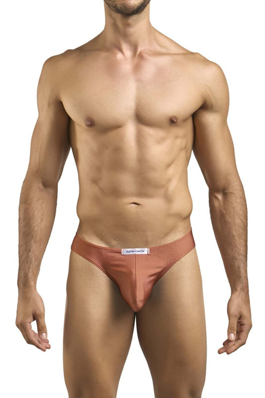 Justin simon xsj01 classic bikini in copper satin with minimalist design and white waistband label in ochre color