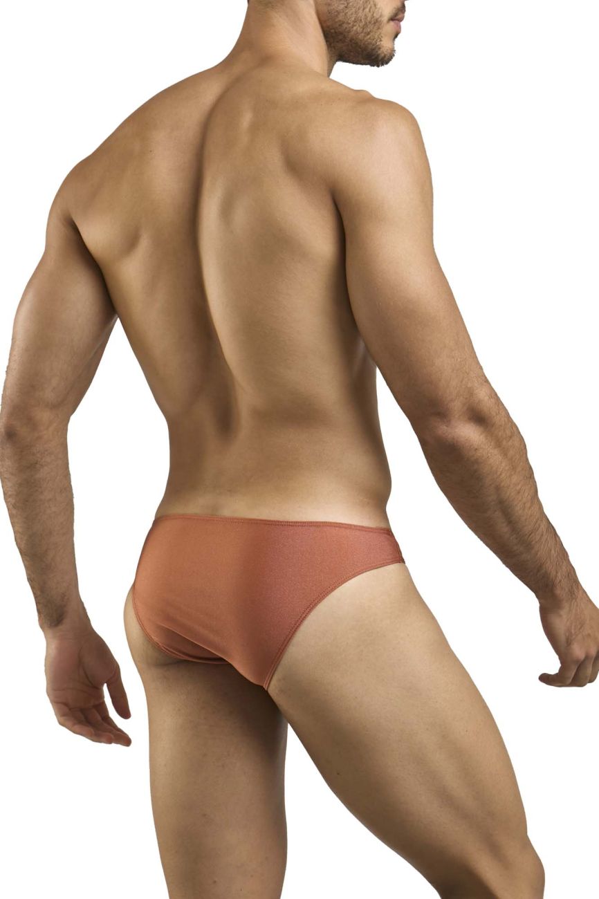 Justin and simon xsj01 classic bikini in ochre with a sleek rust-colored smooth form-fitting design