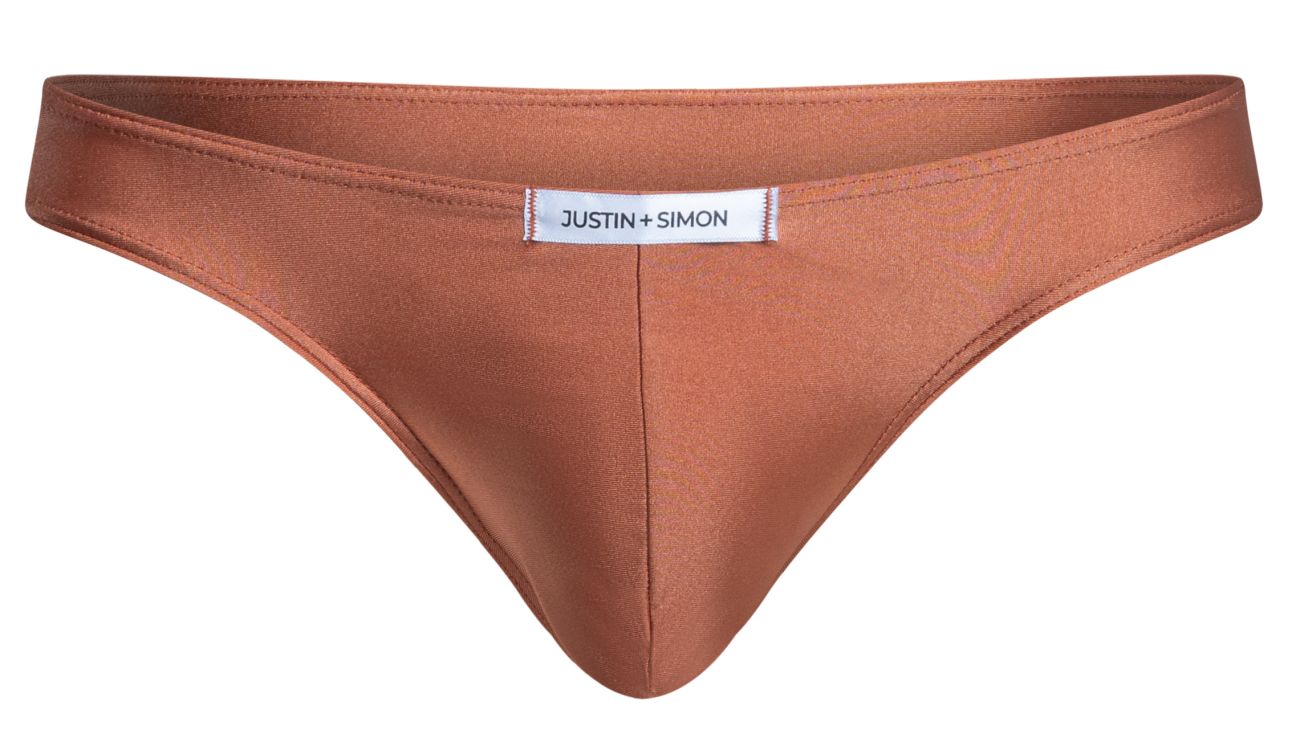 Copper-colored satin thong with white justin plus simon label from justin plus simon xsj01 classic bikini ochre