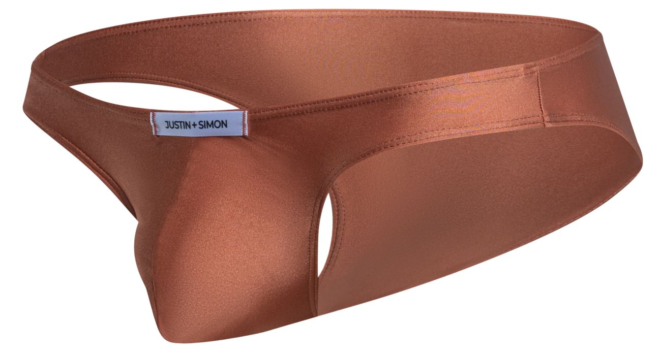 Copper satin thong by justin + simon in classic bikini style ochre color displaying front view