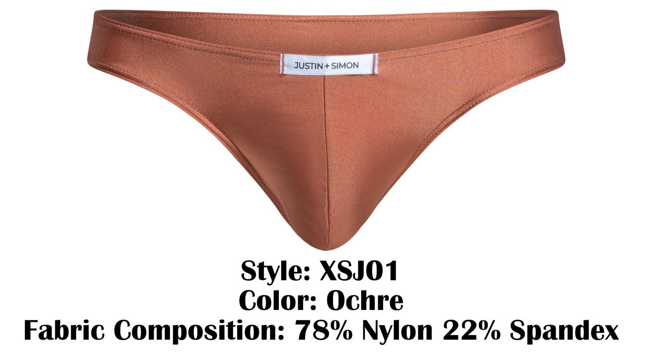 A sleek minimalist ochre thong made of 78% nylon and 22% spandex by justin + simon visible from the back
