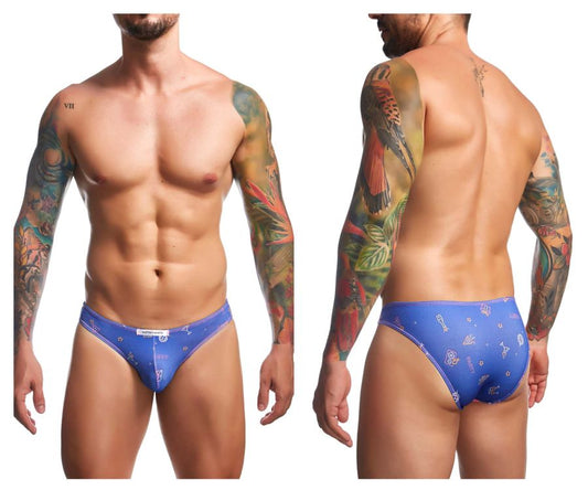 Blue patterned men’s briefs with tropical bird and leaf design from justin simon xsj01 classic bikini color party collection
