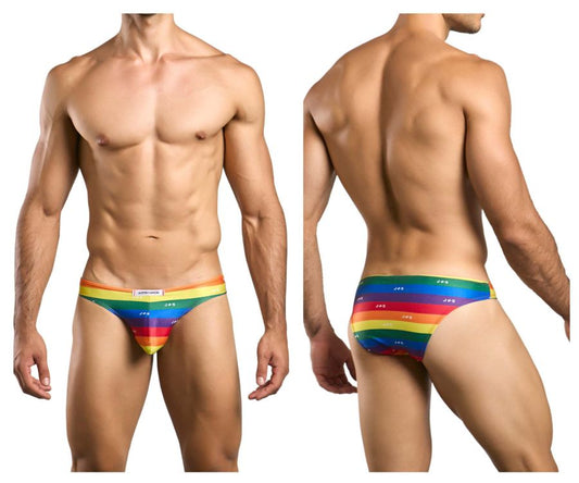 Rainbow-striped men’s classic bikini briefs with jds branding in justin simon xsj01 pride flag colors