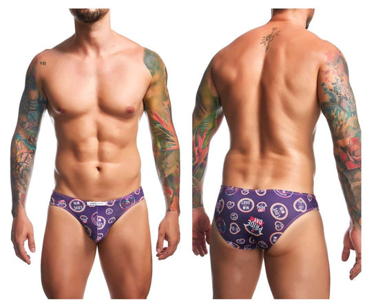 Purple patterned classic bikini swim trunks by justin simon featuring circular love win logos for color pride