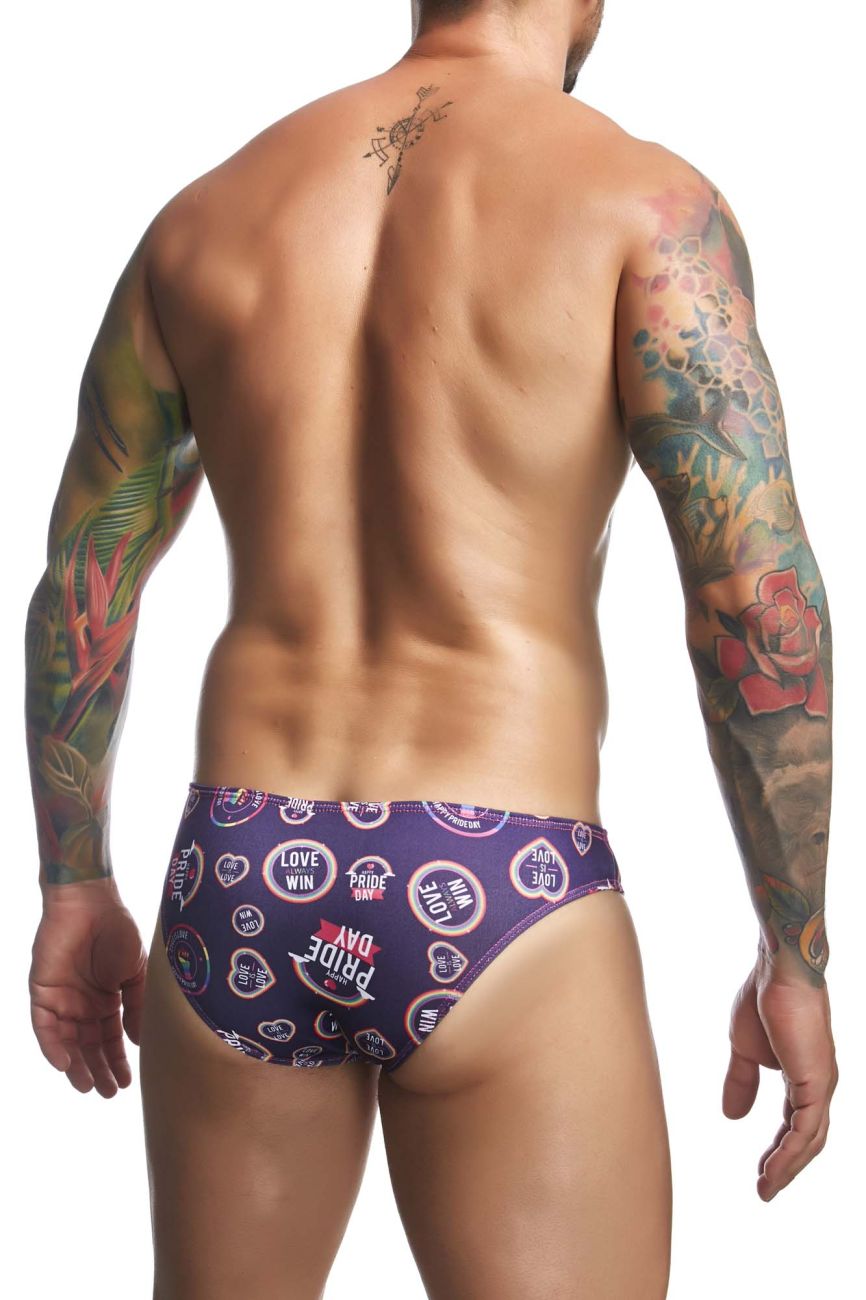 Purple patterned swim trunks by justin simon with love win pride day text and heart motifs from the classic bikini color pride line