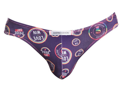 Purple justin simon thong with vibrant rainbow pride day graphic print classic bikini for pride celebrations