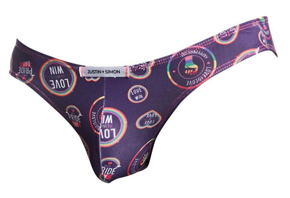 Purple thong bikini with vibrant rainbow circular pride pattern featuring love win and pride phrases by justin simon