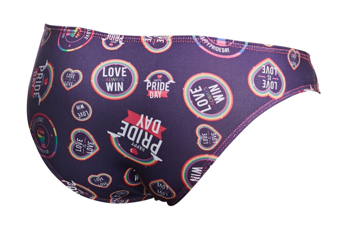 Purple justin simon xsj01 classic bikini swim trunks with vibrant rainbow pride day graphic pattern