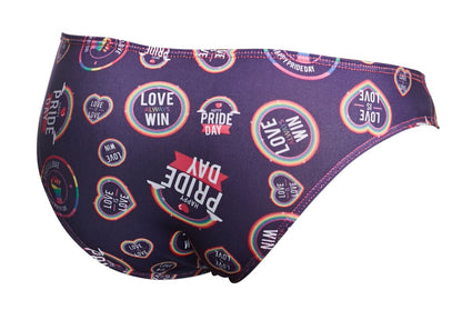 Purple justin simon xsj01 classic bikini swim trunks with vibrant rainbow pride day graphic pattern
