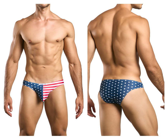Back view of justin simon xsj01 classic bikini swim trunks with blue red usa flag pattern and white stars