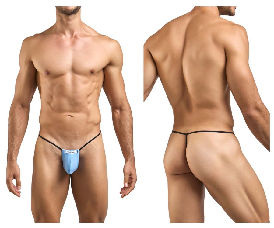 Light blue classic g-string thong by justin simon with thin straps black elastic bands and a small white logo on front