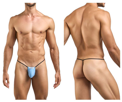 Light blue classic g-string thong by justin simon with thin straps black elastic bands and a small white logo on front