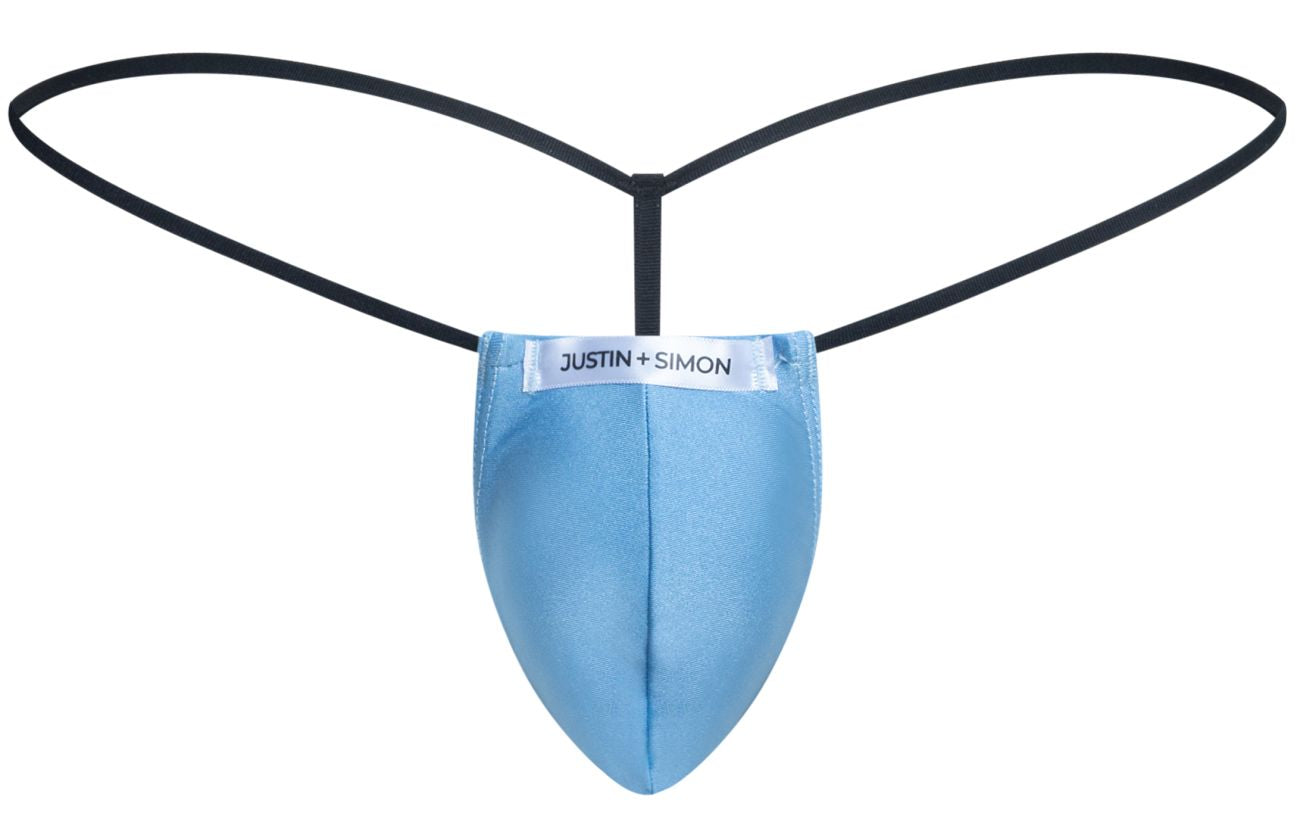 Justin+Simon xsj02 classic g-string in baby blue with black elastic straps featuring a sleek, form-fitting thong design