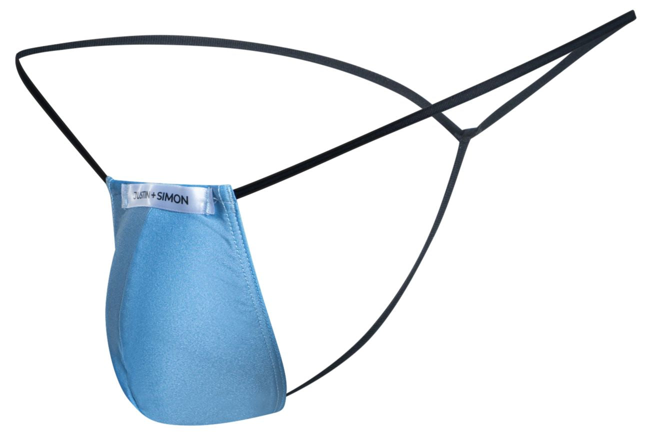 Light blue satin thong with black elastic straps and silver tush + simon label classic g-string justin simon xsj02
