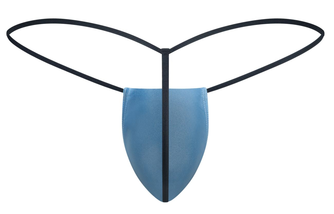 Blue thong g-string with black elastic bands and central seam by JUSTIN SIMON in baby blue color front view