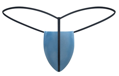 Blue thong g-string with black elastic bands and central seam by JUSTIN SIMON in baby blue color front view