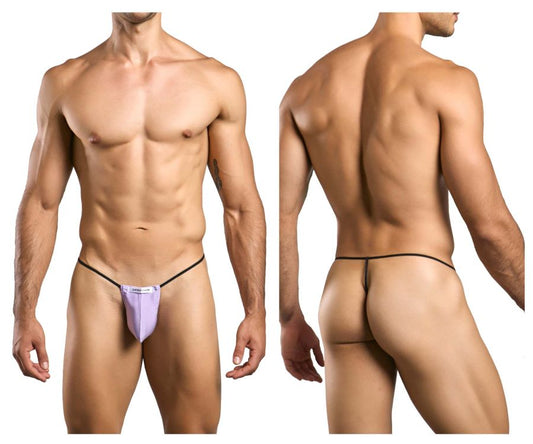 Lavender-colored thong with black trim and a small white label at the front from justin+simon xsj02 classic g-string collection
