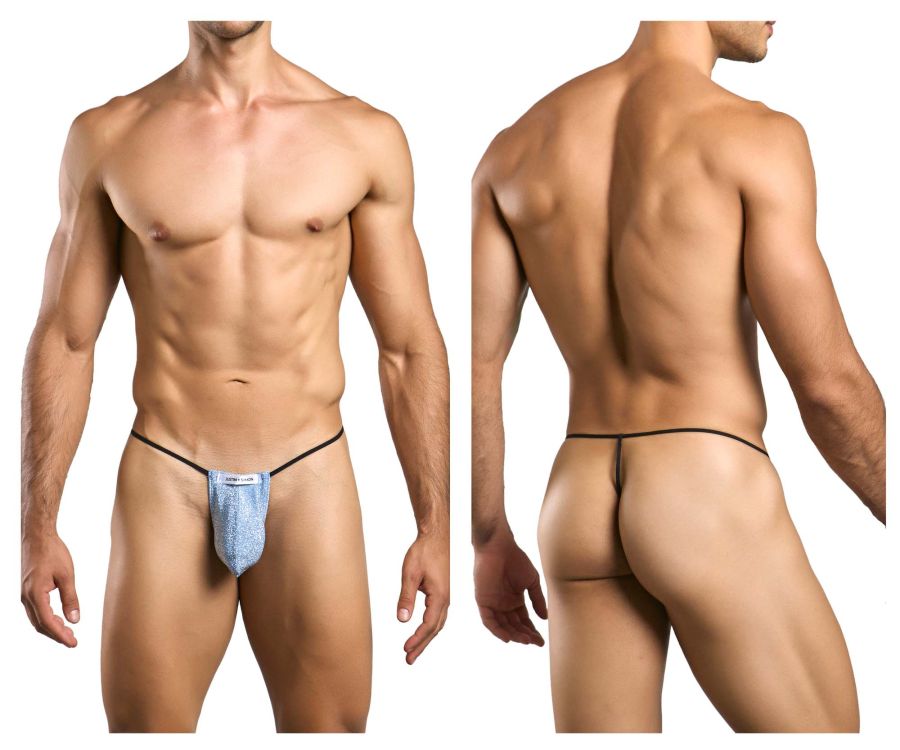 Blue textured fabric thong with black elastic waistband from JUSTIN+SIMON classic g-string lurex blue collection