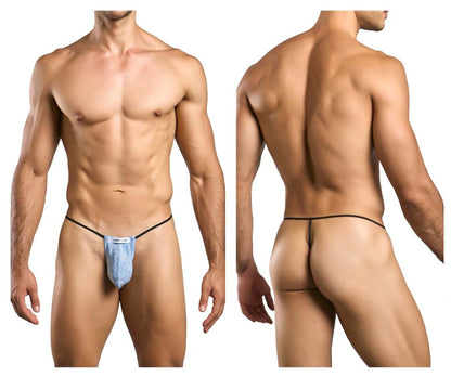 Blue textured fabric thong with black elastic waistband from JUSTIN+SIMON classic g-string lurex blue collection
