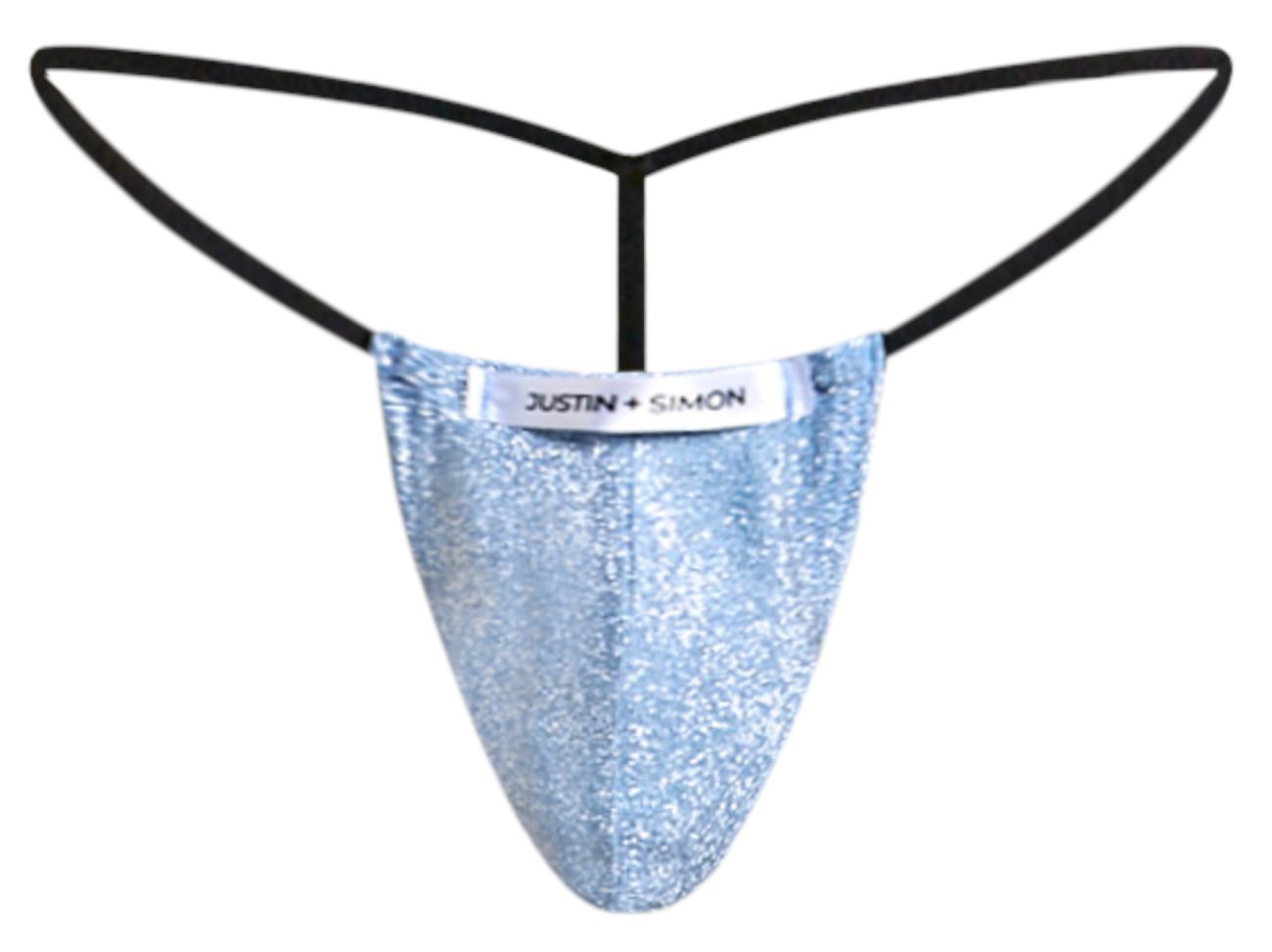 Light blue sequined lurex g-string thong with black elastic straps and justin simon brand label front view