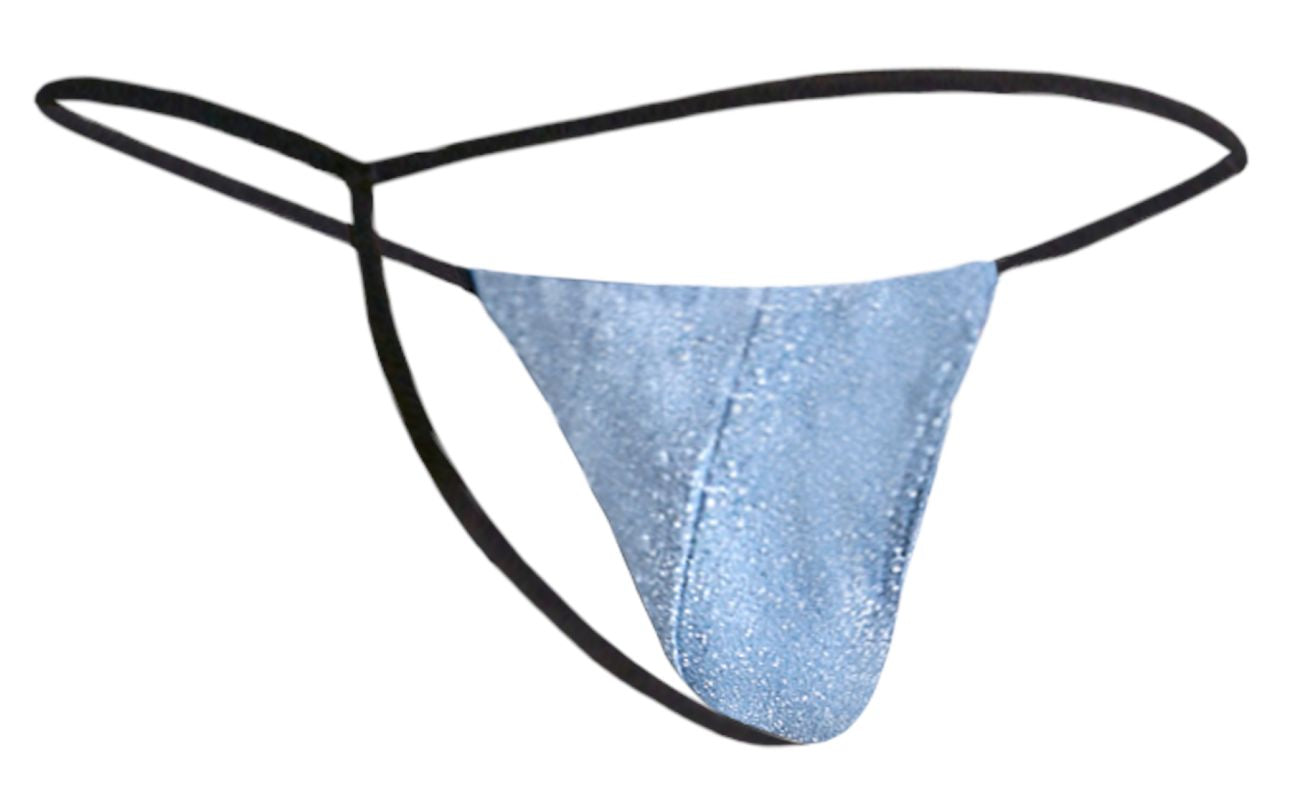 Light blue glittery lurex classic g-string thong with black elastic straps by JUSTIN+SIMON XSJ02