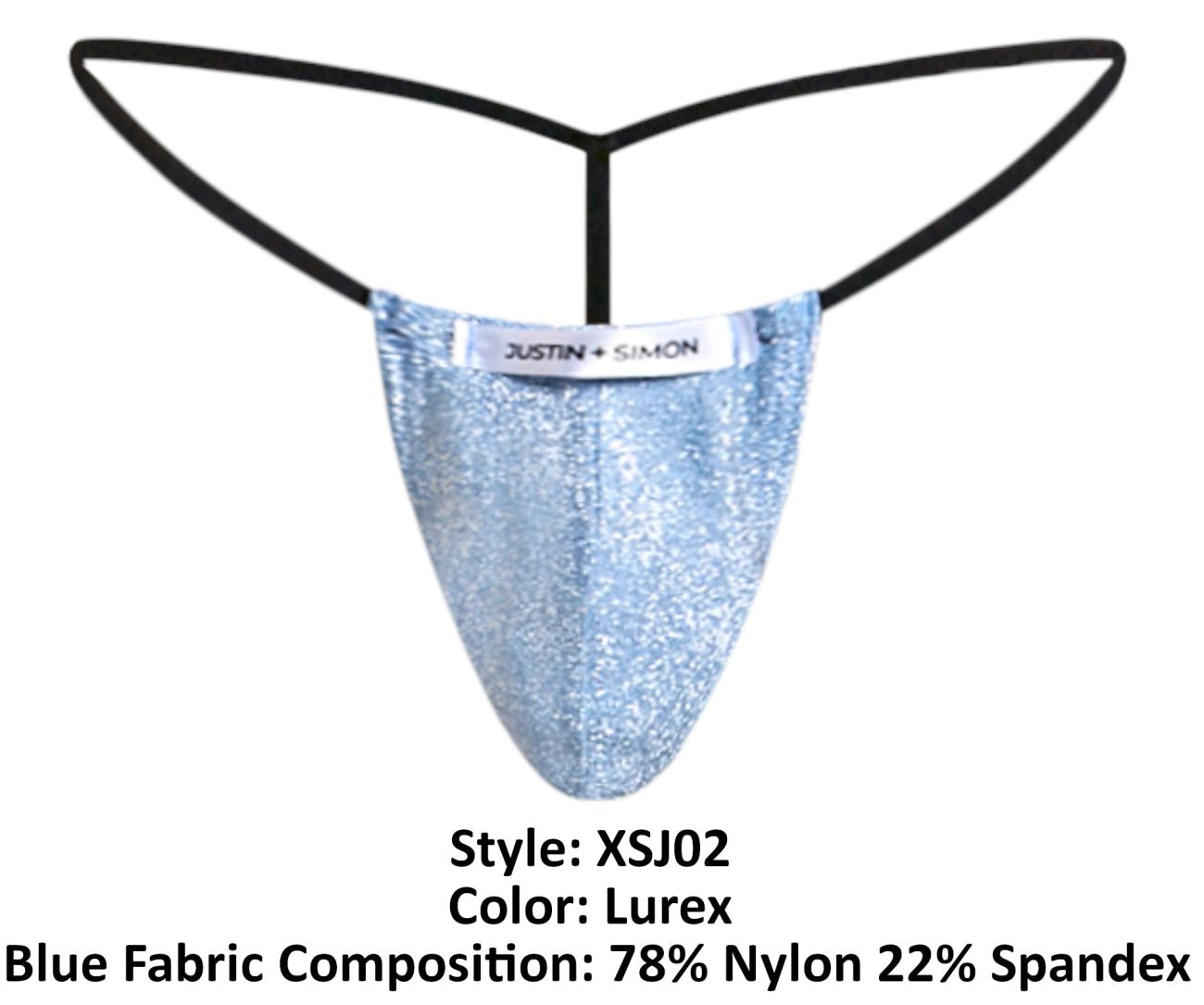 Light blue glittery lurex fabric thong with black elastic straps and justin simon label from justin simon XSJ02 classic g-string collection