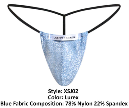 Light blue glittery lurex fabric thong with black elastic straps and justin simon label from justin simon XSJ02 classic g-string collection