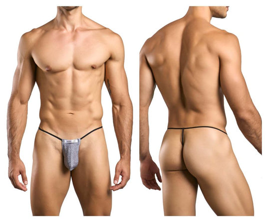 Justin simon xsj02 classic g-string silver mesh thong with black elastic waistband and leg straps in lurex gray