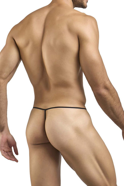 Black thong g-string by justin simon xsj02 with thin minimalist design in ochre color shown from the back side