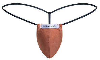 A tan smooth-textured justin + simon thong with black elastic straps in ochre classic g-string design