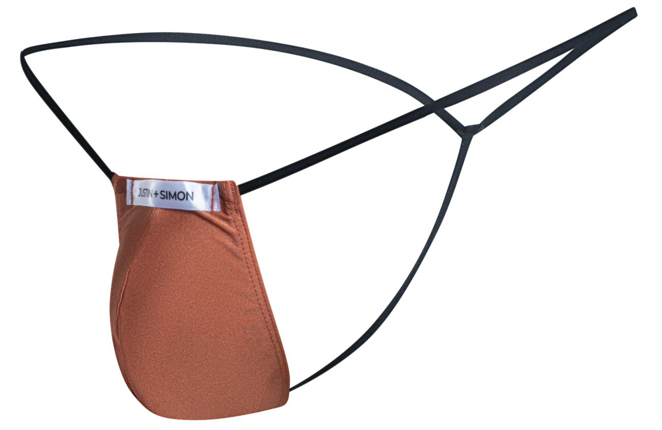 Brown ochre fabric thong with black elastic straps and just simon label classic g string xsj02 by justin simon