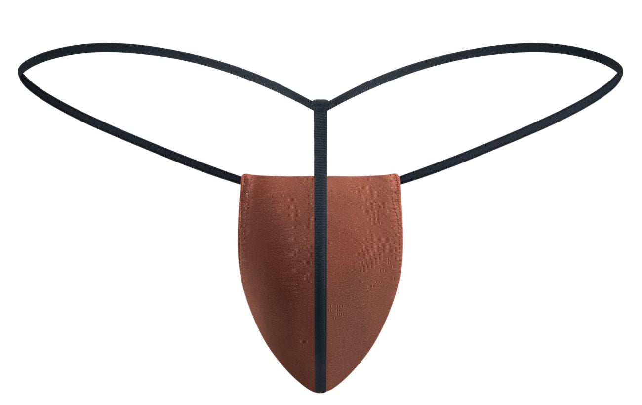 Brown leather thong with black elastic straps classic g-string in ochre by justin simon shown from the back side