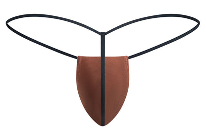 Brown leather thong with black elastic straps classic g-string in ochre by justin simon shown from the back side