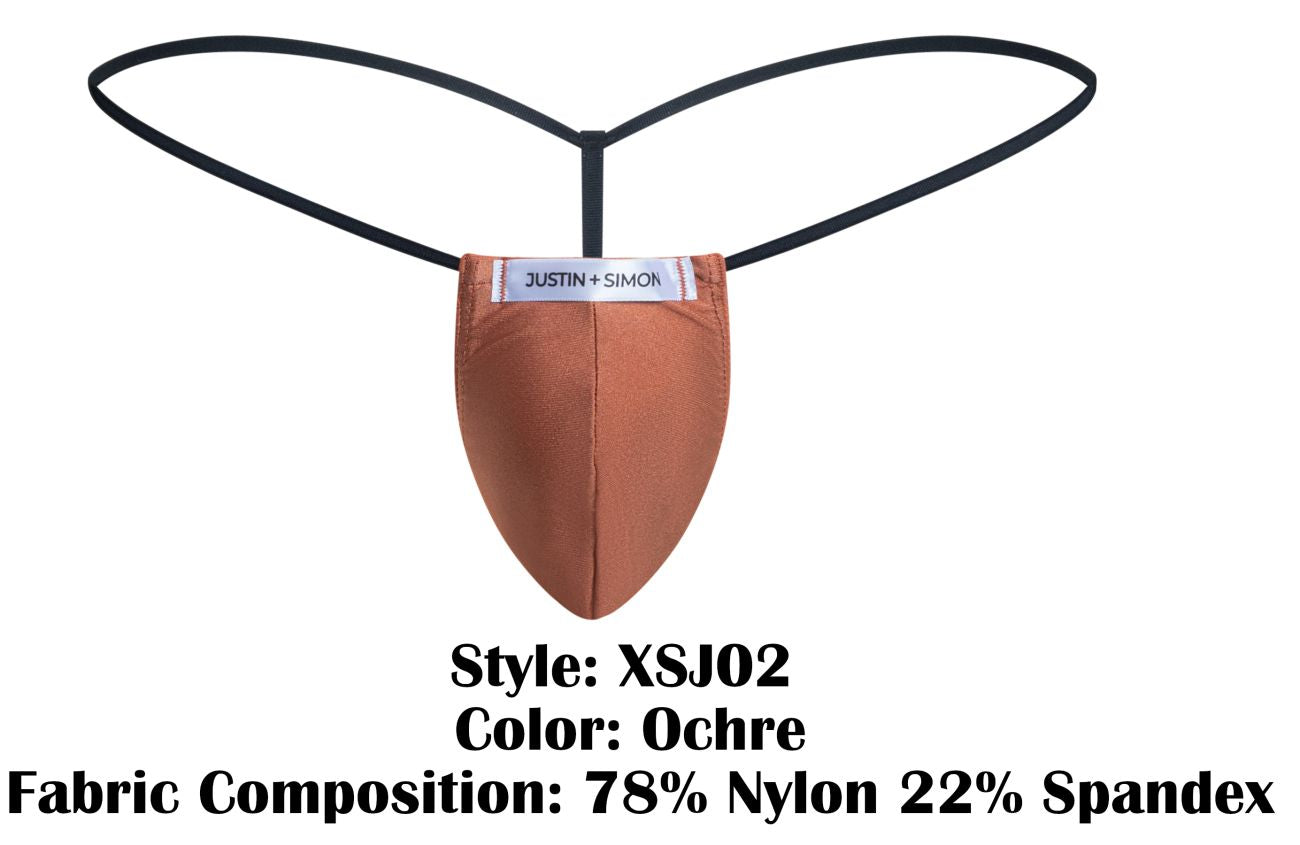 Ochre-colored classic g-string thong with black elastic straps and justin simon brand label front design